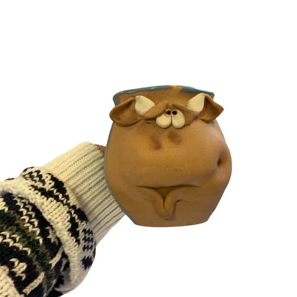 Unique Vintage Hand Thrown Sky Blue Tan Goofy Cow Oversize Coffee Mug Farmhouse - Picture 5 of 16